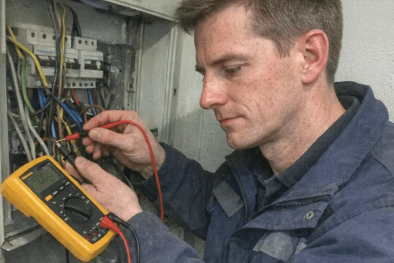 Mitarbeiter bei der Leitungsmessung und Spannungsprüfung